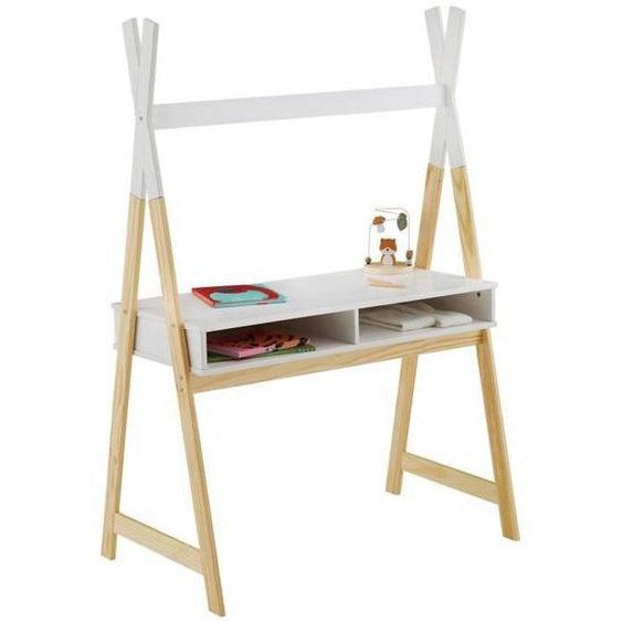 Bureau enfant SIMI petit bureau en forme de tipi de type Montessori, avec 2 niches, en pin massif naturel et blanc