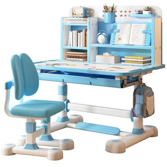 Bureau et chaise pour enfant FLASIDU avec support de lecture casier crochet et porte stylo - Hauteur réglable - 117*110*50cm - Bleu