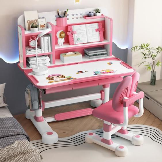 Bureau et chaise pour enfant FLASIDU avec support de lecture casier crochet et porte stylo - Hauteur réglable - 117*110*50cm - Rose