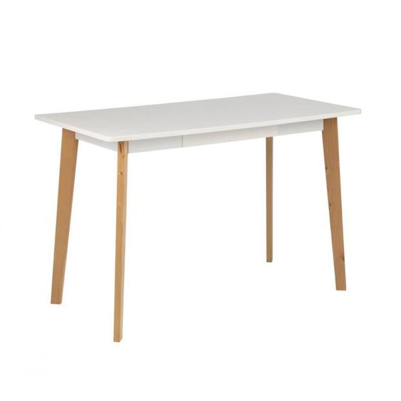 Bureau FALCO 120x60x76 cm plateau laqué satiné  blanc piétement en chêne huilé naturel et tiroir