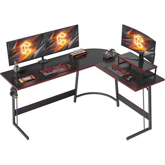 Bureau Gaming Angle 150x120cm, Bureau Dangle Avec Support Décran, Bureau Gamer En Forme De L, Table Gaming Pour Jouer, Etudier Et Travailler, Fibre De Carbone Noir