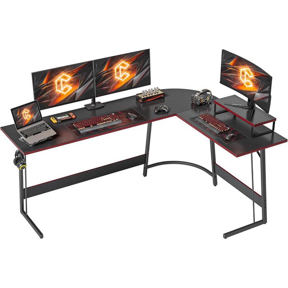 Bureau Gaming Angle 170x120cm, Bureau Dangle Avec Support Décran, Bureau Gamer En Forme De L, Table Gaming Pour Jouer, Etudier Et Travailler, Fibre De Carbone Noir