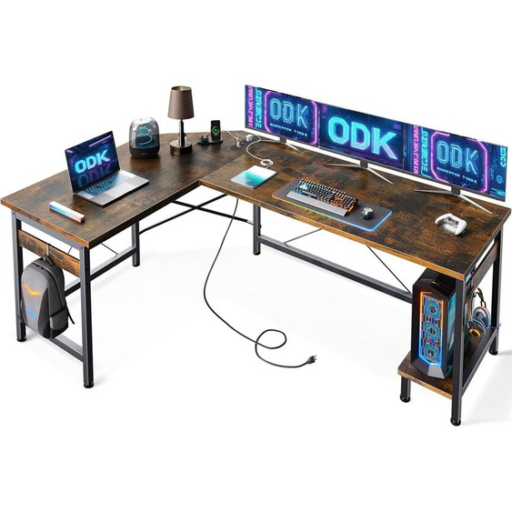 Bureau Gaming Avec Prises Et Ports Usb, Bureau Dangle Gaming Avec Support Pour Cpu, Bureau Dangle En L Pour Bureau À Domicile, Brun Vintage, 150x120 Cm