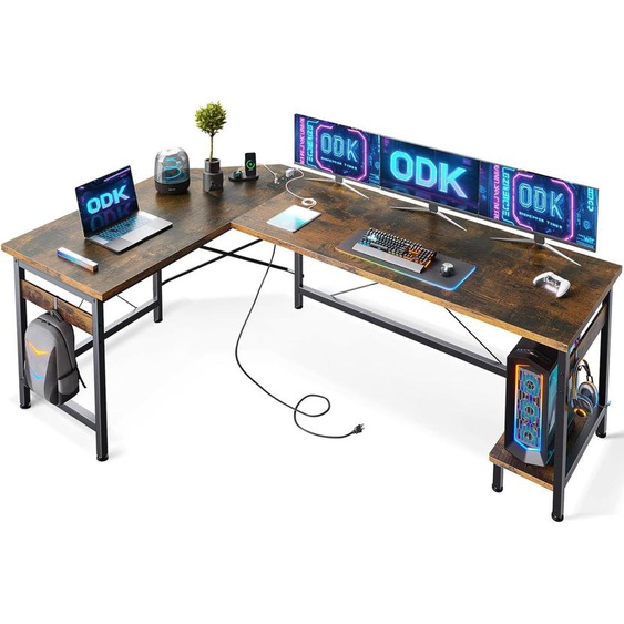 Bureau Gaming Avec Prises Et Ports Usb, Bureau Dangle Gaming Avec Support Pour Cpu, Bureau Dangle En L Pour Bureau À Domicile, Brun Vintage, 168x120cm