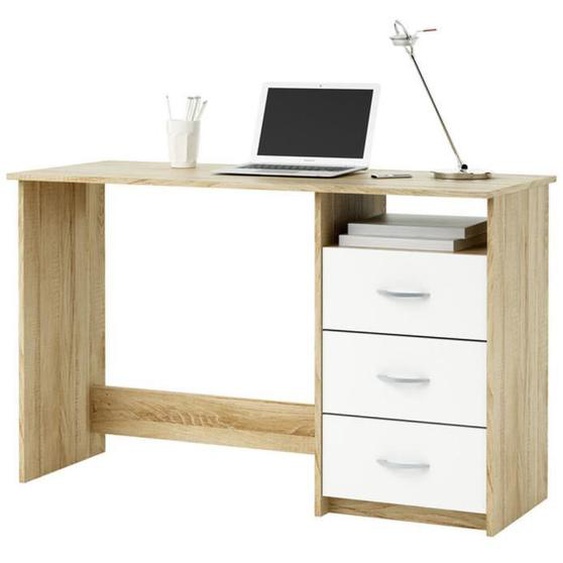 Bureau - PEGANE - 1 caisson 3 tiroirs - Chêne brossé - Blanc perle - L 123 x P 50 x H 76 cm