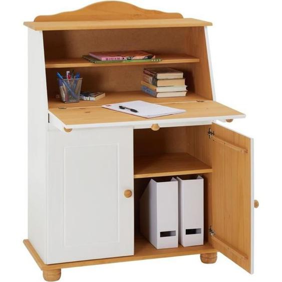 Bureau secrétaire DAVID avec abattant rangement plusieurs étagères 2 portes plan de travail rabattable, en pin massif blanc et brun