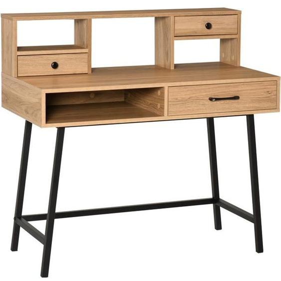 Bureau secrétaire style industriel HOMCOM - 3 tiroirs + 3 niches - métal noir imitation bois