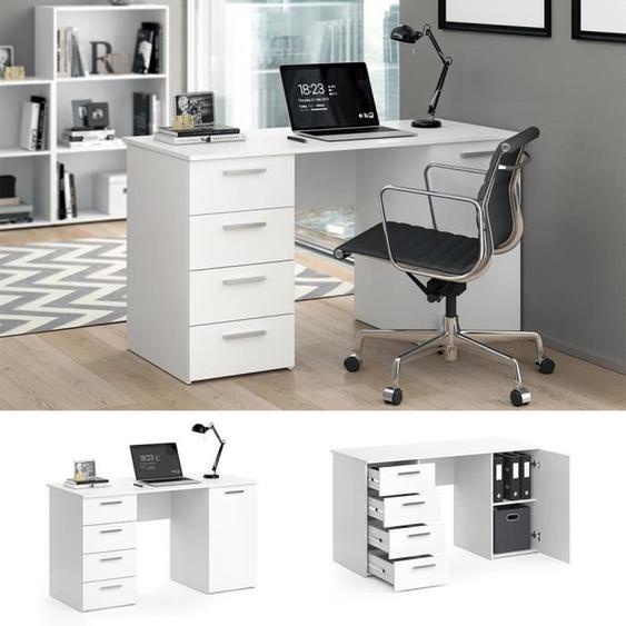 Bureau Vicco Nico, bureau informatique, table de bureau, blanc, tiroirs, tablettes, table PC