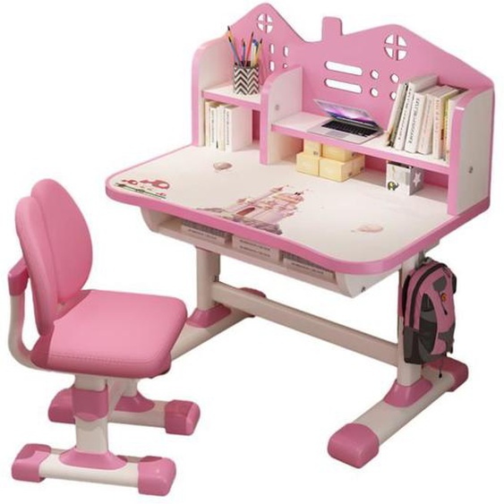 Bureaux étude pour enfant,avec chaise et étagère à livres rose