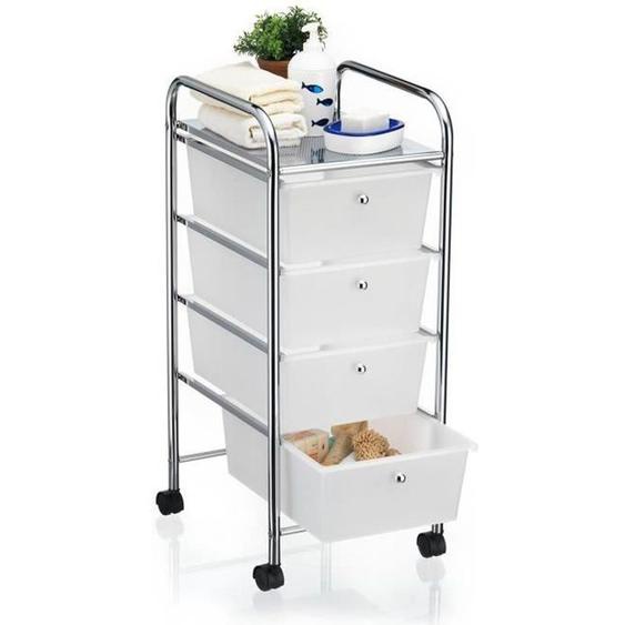 Caisson sur roulettes SANO chariot avec 4 tiroirs en plastique blanc transparent et 1 tablette, rangement salle de bain en métal