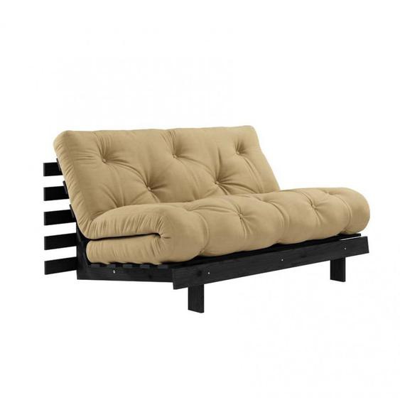 Canapé convertible futon ROOTS pin laqué noir matelas 140 x 200 cm coloris beige blé