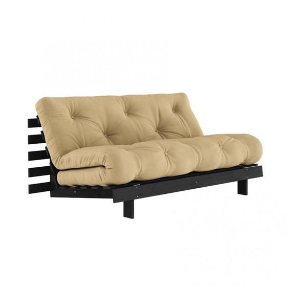 Canapé convertible futon ROOTS pin laqué noir matelas 160 x 200 cm coloris beige blé