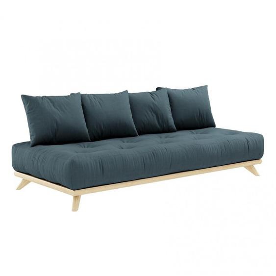 Canapé convertible futon SENZA pin naturel coloris bleu pétrole couchage 90 cm.