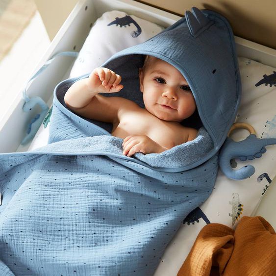 Cape de bain gaze de coton + gant de toilette PETIT DINO bleu