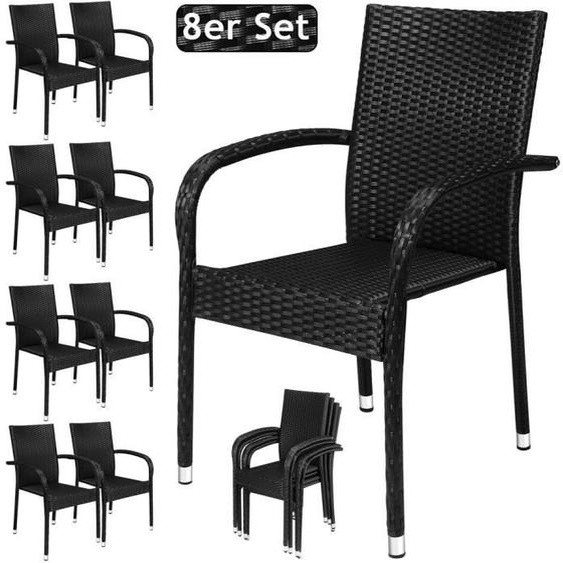 CASARIA® Ensemble de 8 chaises de jardin noires en polyrotin avec accoudoirs empilables structure en acier thermolaqué