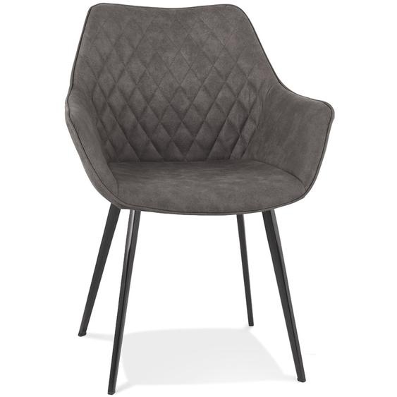 Chaise avec accoudoirs CHIGI gaufrée en microfibre gris foncé et pieds en métal noir