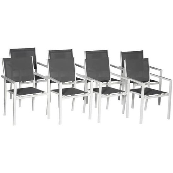 Chaises de jardin - HAPPY GARDEN - Lot de 8 - Aluminium blanc et textilène gris - Empilables et confortables