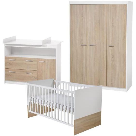 Chambre Bébé Complète Gabriella ROBA - Lit Évolutif 70x140 + Commode à Langer + Armoire 3 Portes - Blanc / Chêne Scié