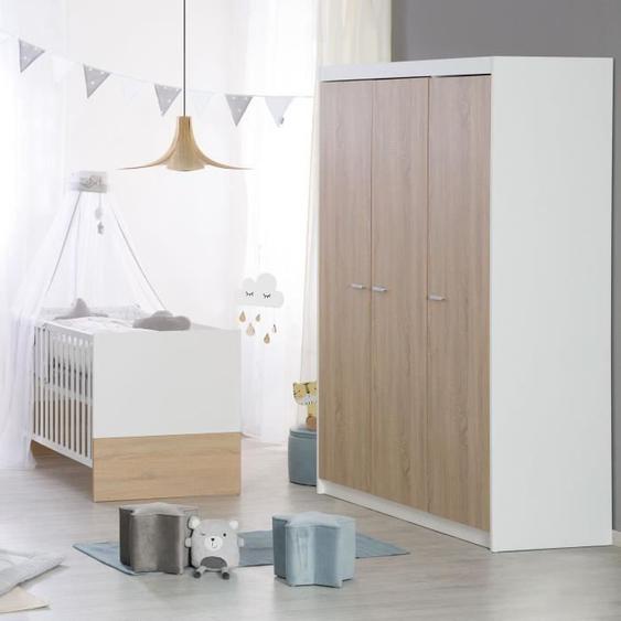 Chambre bébé complète - Lit évolutif 70 X 140 cm + Commode à langer + Armoire 3 portes - ROBA - Bicolore blanc / décor chêne clair