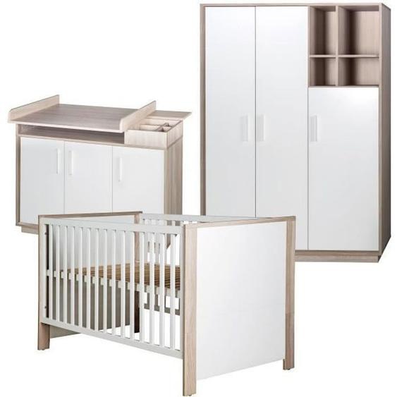 Chambre Bébé Complète Olaf - ROBA - Lit Évolutif + Commode à Langer + Armoire 3 Portes - Blanc / Effet Bois