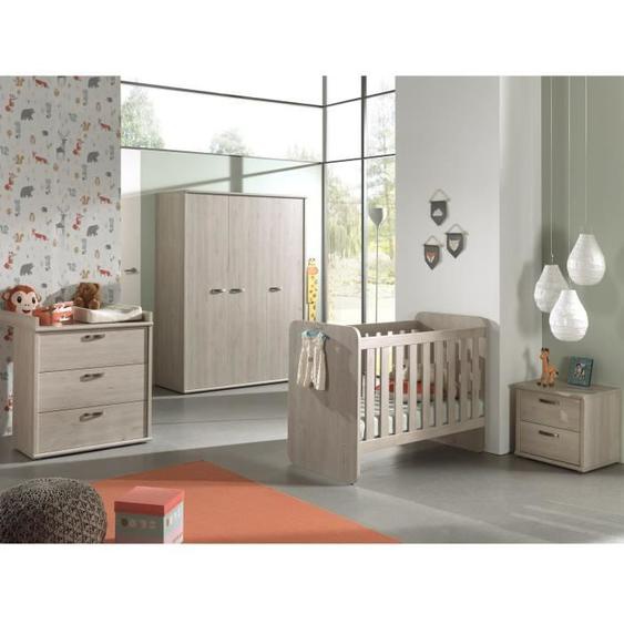 Chambre bébé DANY comprenant un lit 60x120 évolutif en 90x200, une armoire, une commode à langer et un chevet. Coloris chêne.