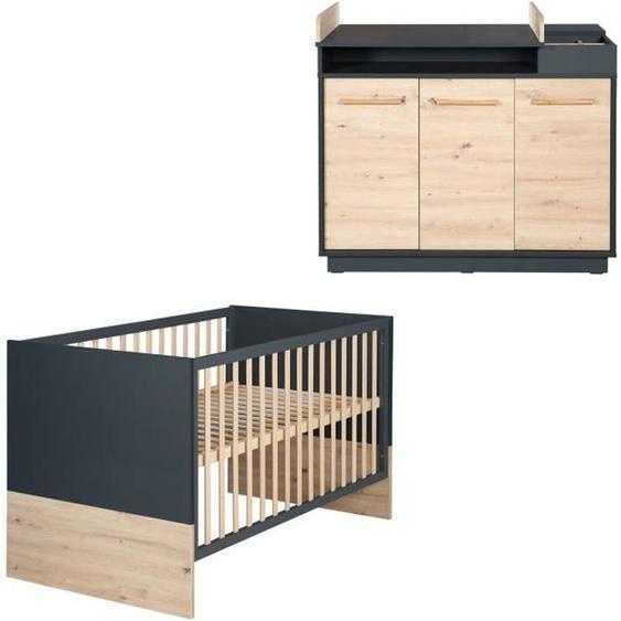 Chambre Bébé Duo Lenn - Lit Évolutif 70x140 cm + Commode à Langer - ROBA - Anthracite / Décor Bois