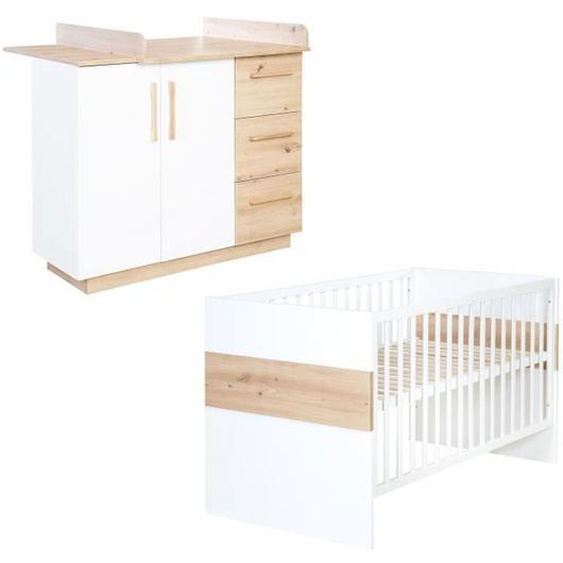 Chambre Bébé Duo Lion - ROBA - Lit Évolutif 70x140 cm - Blanc - Décor Bois