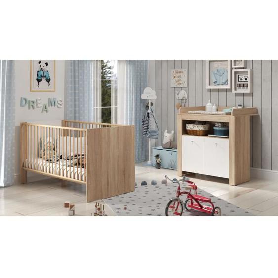 Chambre bébé duo PIA - Lit 70x140 cm + Commode à langer 2 portes - Décor chêne sonoma et blanc mat - TRENDTEAM