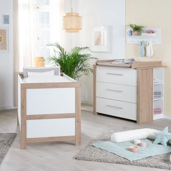 Chambre Bébé Duo ROBA - Malo - Lit Évolutif 70x140 cm + Commode à Langer avec Plan à Langer Amovible - Blanc - Décor Chêne