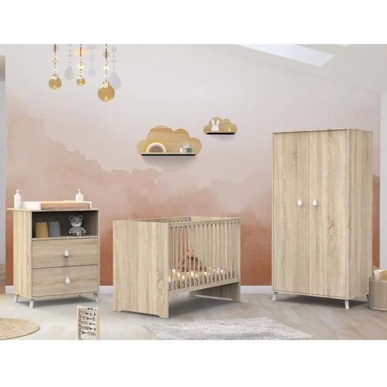 Chambre bébé trio MONTANA - Lit 120x60 + Commode à langer 2 tiroirs + armoire 2 portes - décor chêne doré - SAUTHON