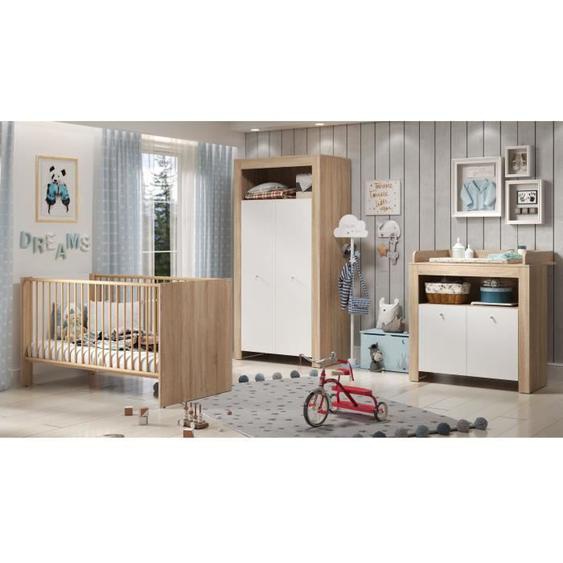 Chambre bébé trio PIA - Lit 70x140 cm + Commode à langer 2 portes + Armoire 2 portes - Décor chêne sonoma et blanc mat - TRENDTEAM