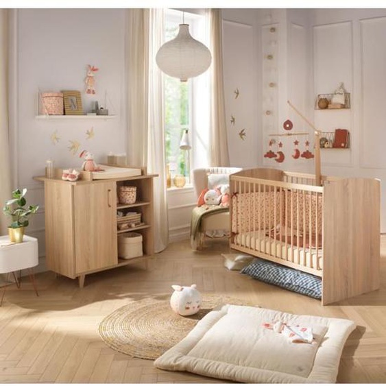 Chambre duo bébé - SAUTHON - Sam Chêne doré - Lit bébé 120 x 60 cm et commode à langer