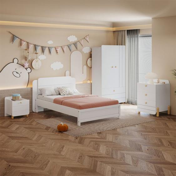 Chambre Enfant Complete 4 Pièces - Lit 1 Place 90x200 - Table de Chevet - Coiffeuse et Armoire - Style Essentiel - en Bois - Blanc