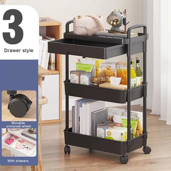 Chariot de rangement pour snacks dans la chambre à coucher, avec roulettes à 360 degrés, avec étagère, durable, grand espace, Noir