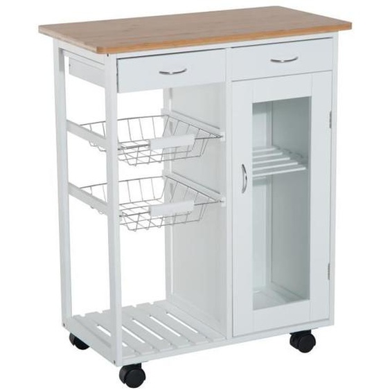 Chariot de service desserte de cuisine à roulettes multi-rangements 70L x 37l x 85H cm plateau bois massif bambou pin blanc