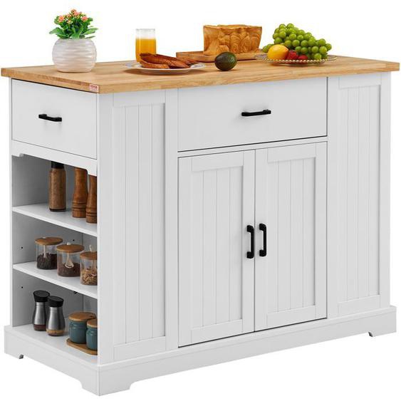 Chariot Dîlot De Cuisine-Vevor-1173 Mm-Desserte De Cuisine De Dessus En Bois Avec Armoire De Rangement-Blanc