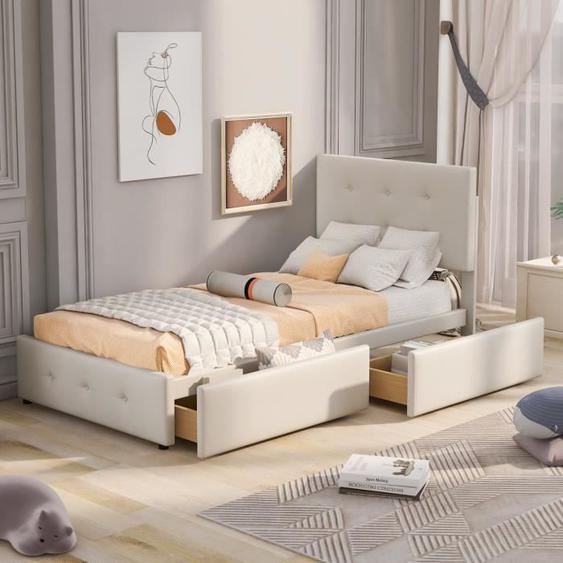 COMANLAI Lit rembourré à deux tiroirs, tissu velours doux pour la peau, lit simple plat beige - 90x200 cm- beige - sans matelas