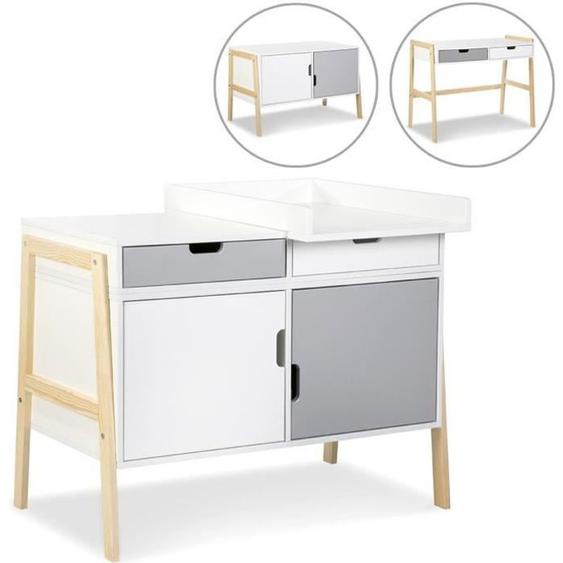 Commode à langer bébé évolutive en bureau et meuble bas - KLUPS - HUGO - Pin massif - Blanc