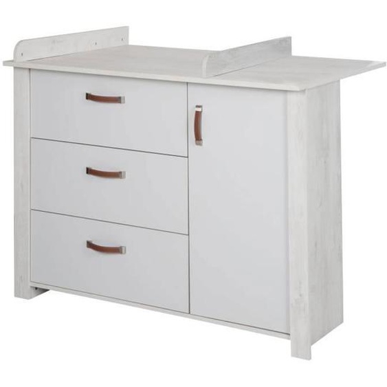 Commode à Langer ROBA Mila - 3 Tiroirs + 1 Porte - Poignées en Similicuir - Gris Clair / Chêne Blanchi