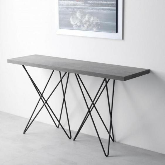 Table console extensible ouverture en livre HERMES plateau gris béton pieds gris foncé largeur 140cm