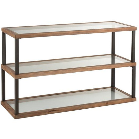 Console RUTY plateau bois marron/verre support métal noir.