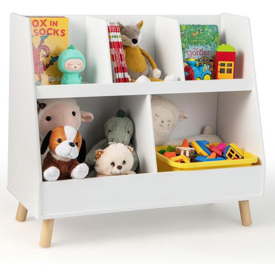 COSTWAY Bibliothèque et Organisateur de Jouets pour Enfants, 5 Compartiments, Pieds en Bois Massif, Kits Anti-basculement, Blanc