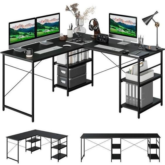 Costway Bureau Dangle - 151 X 151 X 75 Cm - Ajustable À Bureau Droit,4 Etagère De Rangement,Grand Table Pour 2 Personnes Noir