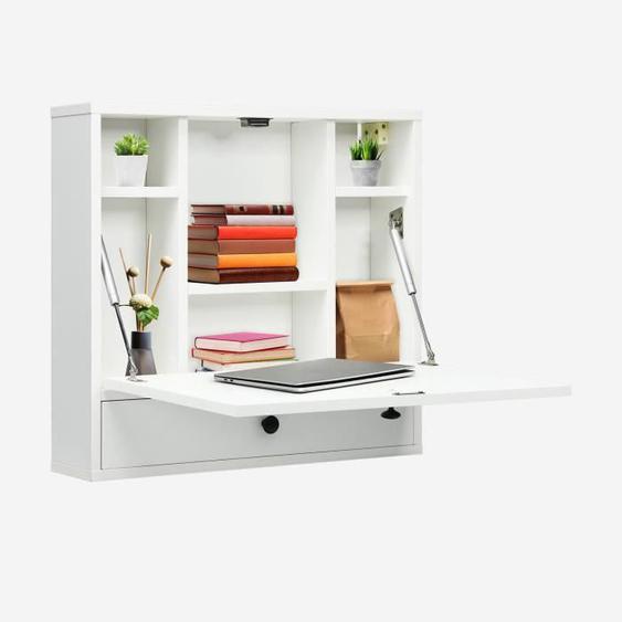 COSTWAY Bureau Mural Rabattable pour Ordinateur Portable, avec Étagères Intégrée, Tiroir, Plateau Pliable, 60 x 15 x 57 cm, Blanc