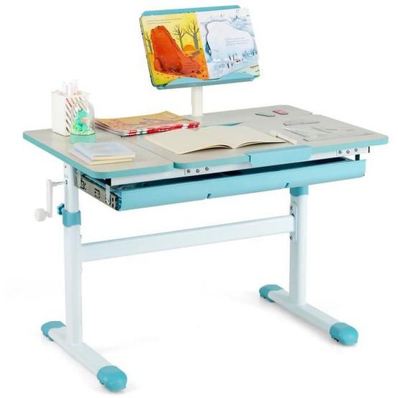 COSTWAY Bureau pour Enfant 3-12 ans - Réglable en Hauteur 51-73 cm & Plateau Inclinable 0-60°- avec Support de Livre & Tiroir, Bleu