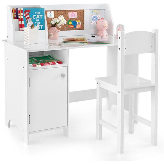 COSTWAY Bureau pour Enfants 3 Ans+ avec Chaise d’Étude, Tableau Blanc, Marqueur, Tableau d’Affichage, Bibliothèque en Bois, Blanc