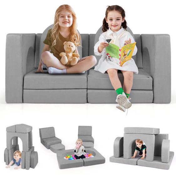 COSTWAY Canapé Bebe Modulaire pour Enfants 8 Pièces Convertible en Mousse, pour Grimper et Ramper, Tissu en Daim Confortable Gris