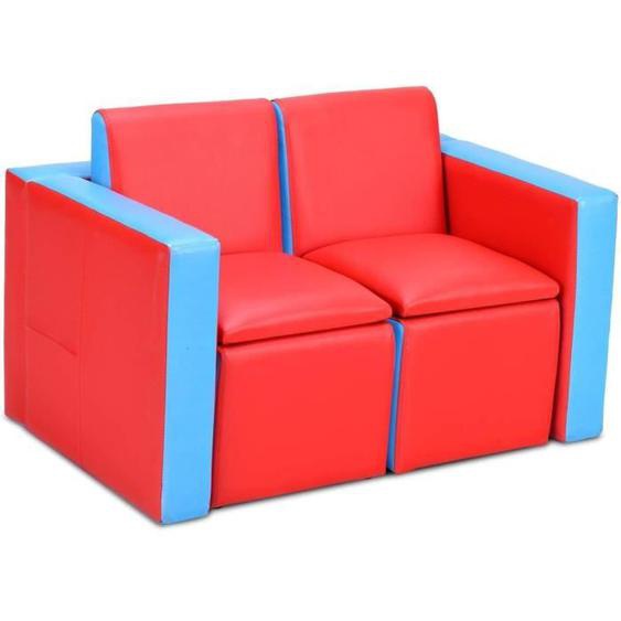 COSTWAY Canapé Enfant 2 Places Convertible à Ensemble Table et 2 Chaises avec Poches Latérales PVC Bleu et Rouge