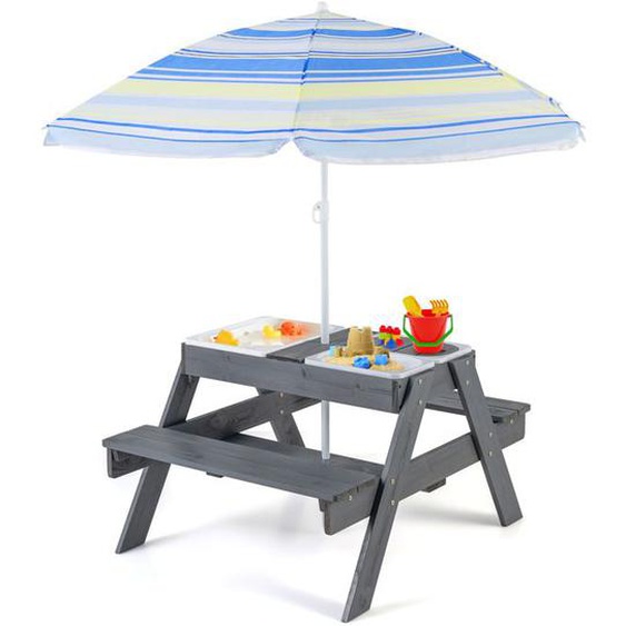 COSTWAY Ensemble 4 en 1 - Table et Bancs de Pique-Nique pour Sable et Eau 3 Bacs Enfants 3 ans+, avec Parasol Amovible pour Jardin