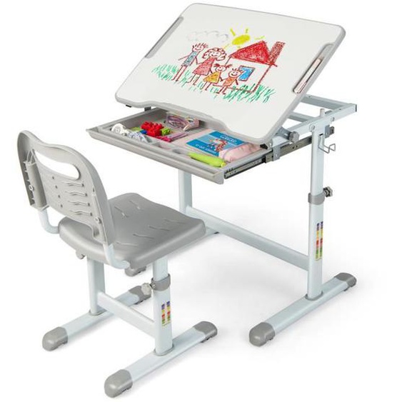 COSTWAY Ensemble Bureau Enfant Ergonomique Hauteur Réglable, Plateau Inclinable 0-45°, Tablette coulissante Multi-Rangement Rose